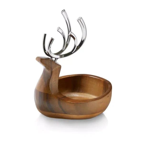 Nambe Alvaro Uribe Reindeer Candy Dish - Acacia Wood and Nambe Alloy Serving Bowl