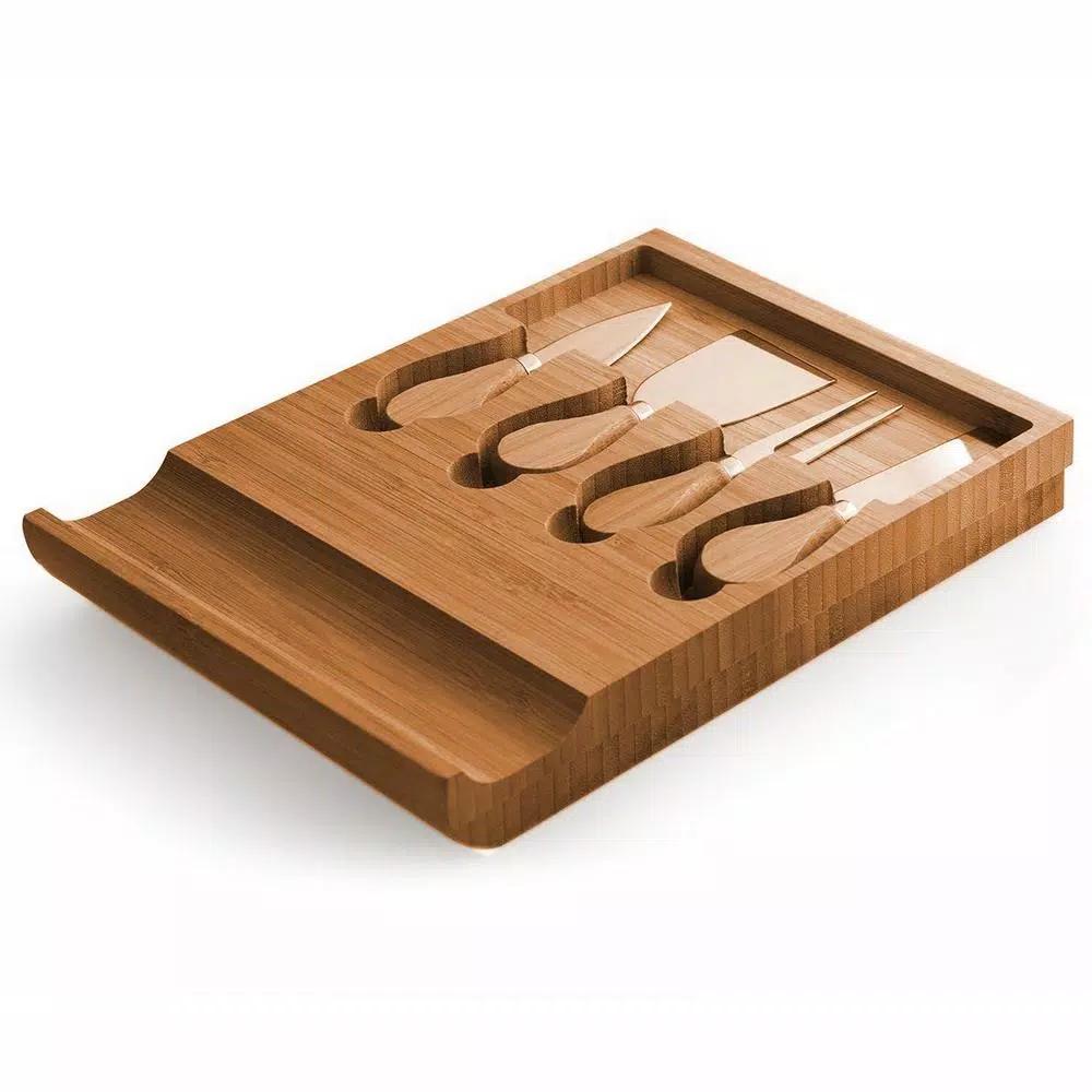 Bambusi Bambsi 100% Natural Bamboo Cheese Board & Cutlery Set with Slide-Out Drawer