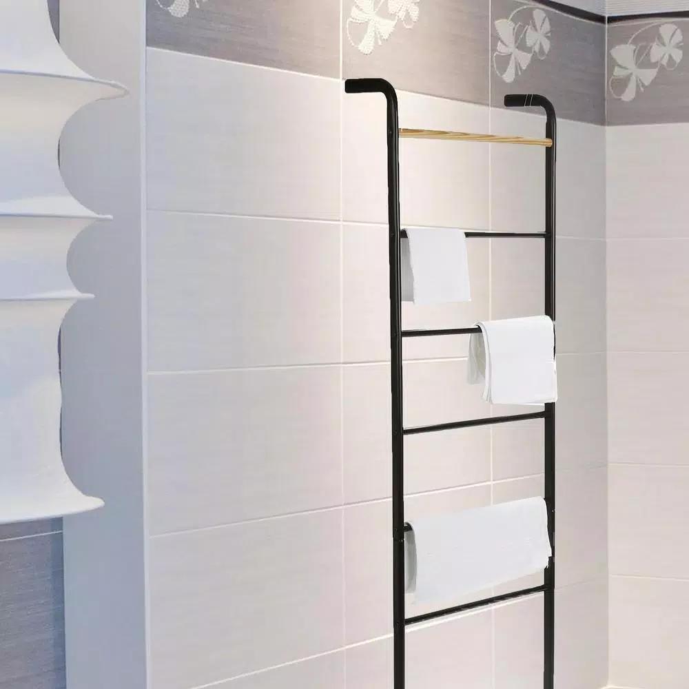 Mind Reader 6-Bar Freestanding Towel Rack, Black Metal Bathroom Towel Stand