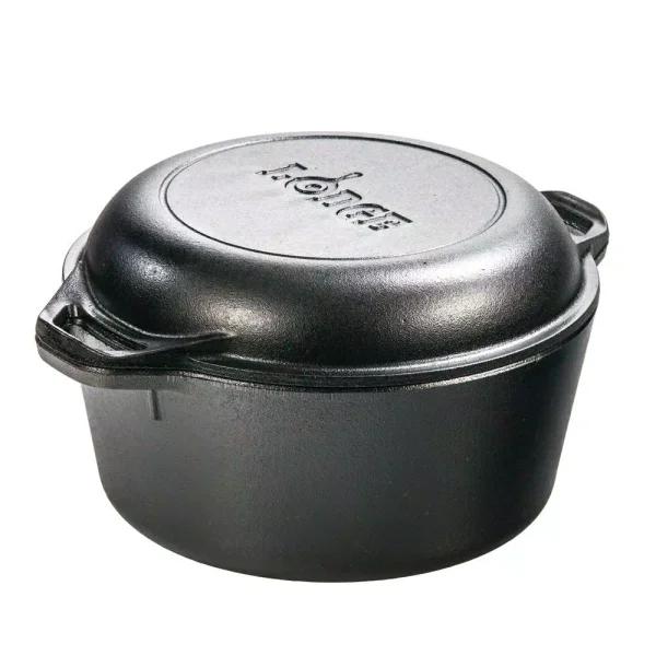 Lodge 5 Qt. Round Cast Iron Double Dutch Oven with Skillet Lid, Black