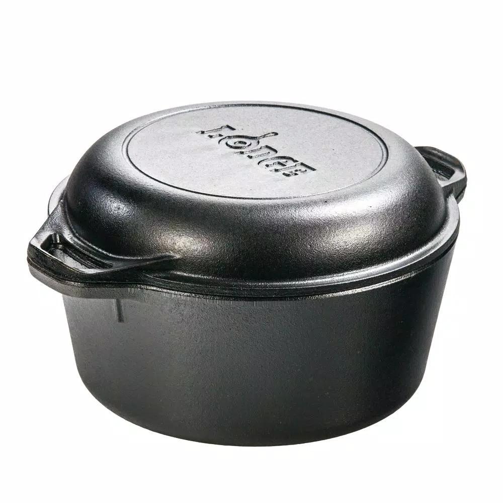 Lodge 5 Qt. Round Cast Iron Double Dutch Oven with Skillet Lid, Black