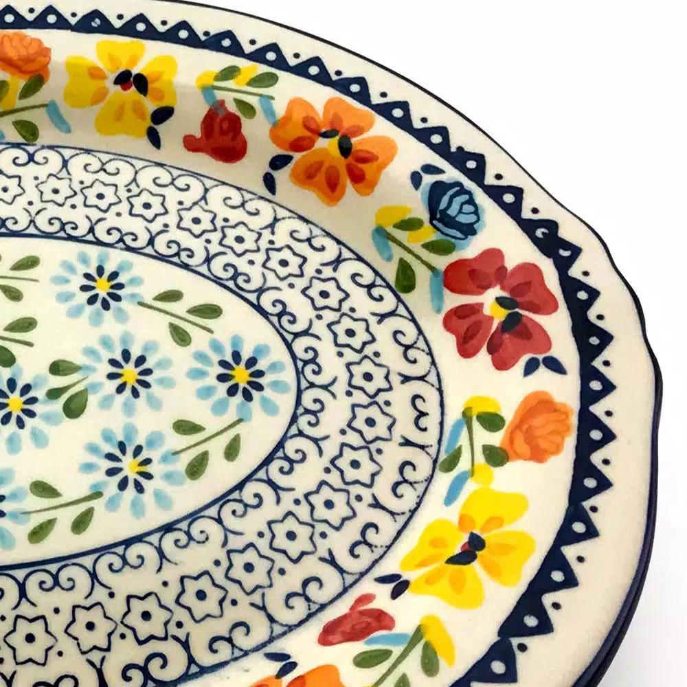 GIBSON elite Luxembourg 14 in. Multicolored Hand Painted Stoneware Oval Serving Platter