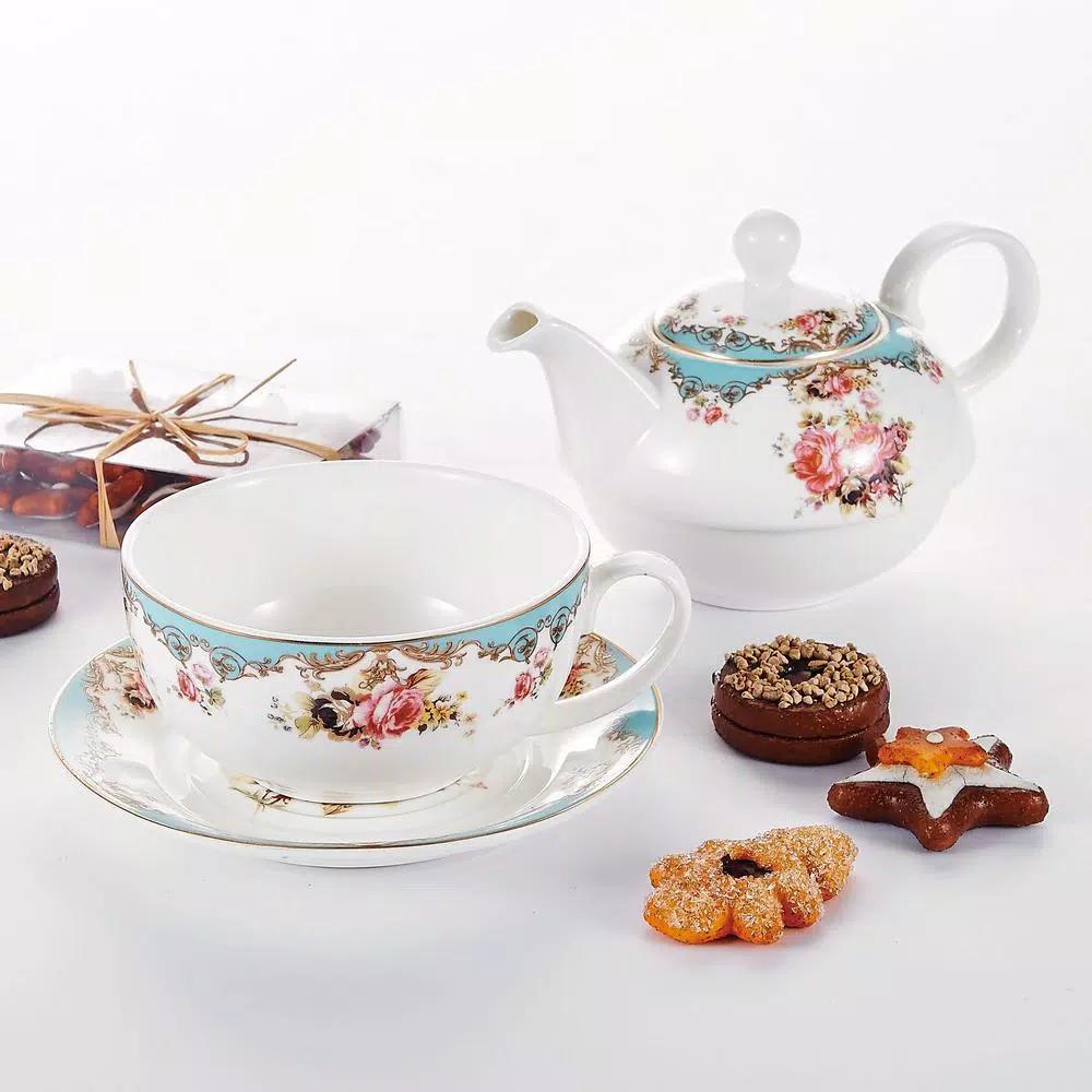 MALACASA Elegant Porcelain Tea Set for One - 3 Piece Teapot, Teacup and Saucer Set, White with Pattern