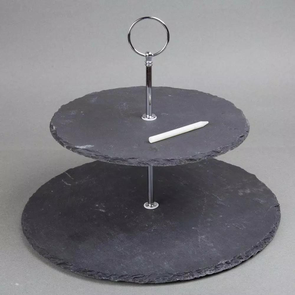 Creative Home 2-Tier Natural Black Slate Cake Stand with Zinc Alloy Handles - 12 inch Round Dessert Serving Tray