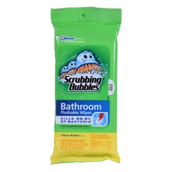 Scrubbing Bubbles Antibacterial Bathroom Flushable Wipes, Citrus Scent, 28 Count (Case of 12)