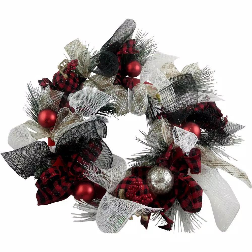 Fraser Hill Farm 20 in. Artificial Christmas Wreath with Buffalo Plaid Bows and Ornaments