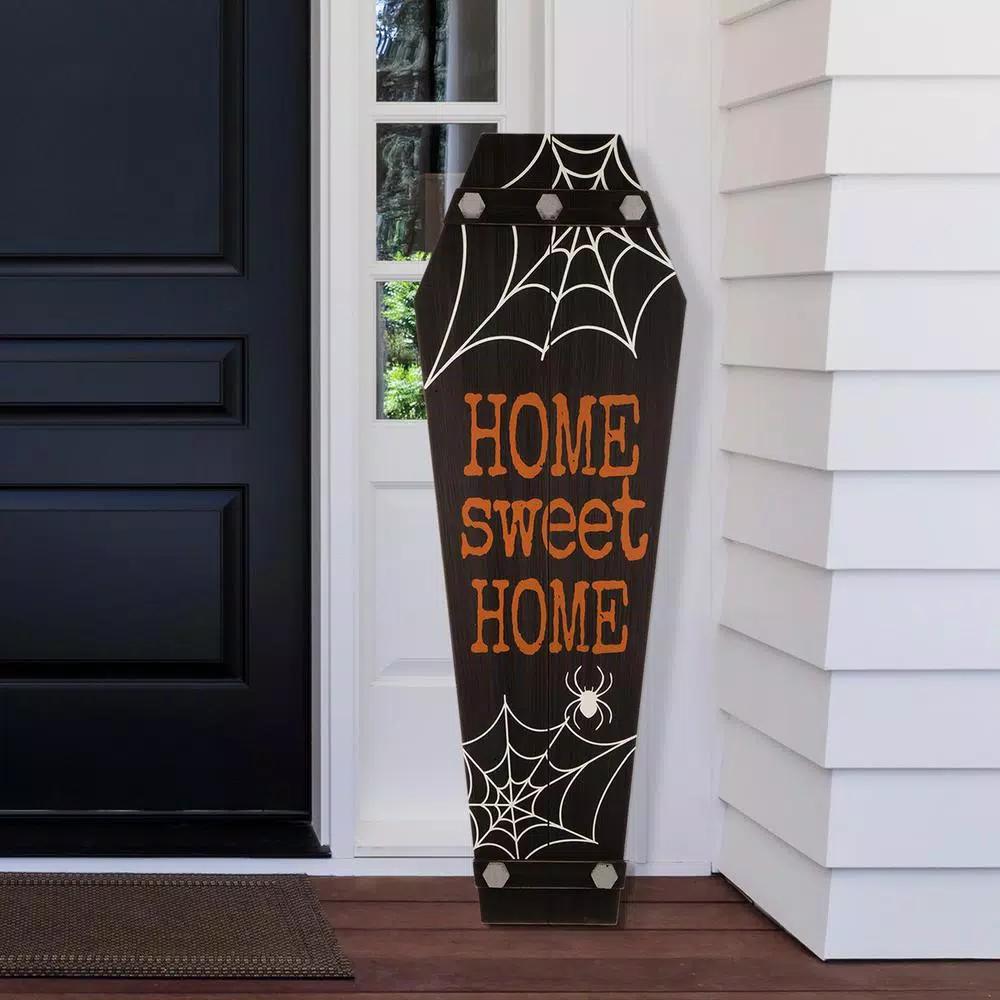 Glitzhome 42 in. Halloween Wooden Coffin Porch Leaning Decor - Home Sweet Home Sign
