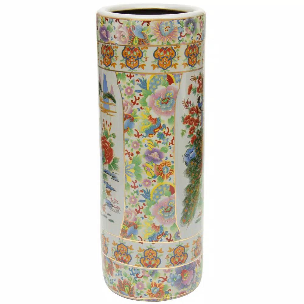 Unbranded Oriental Furniture 24 in. White Satsuma Porcelain Umbrella Stand & Floor Vase with Peacock Design