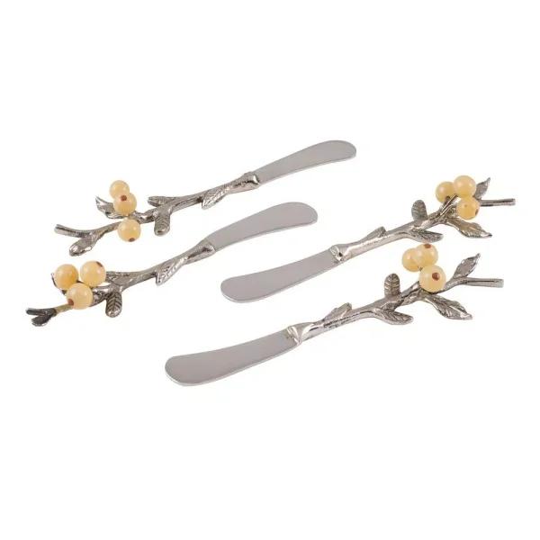 Fitz and Floyd Woodgrove 4-Piece Canape Knife Set with Antique Nickel Brass Handles