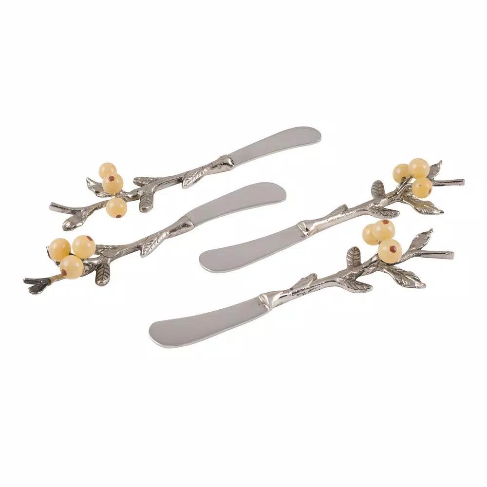 Fitz and Floyd Woodgrove 4-Piece Canape Knife Set with Antique Nickel Brass Handles