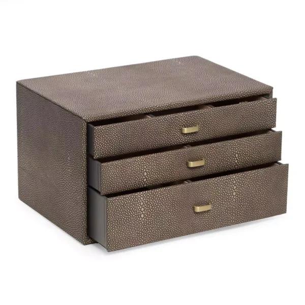 BEY-BERK 3-Level Stingray Debossed Leather Jewelry Storage Box with Brushed Brass Hardware