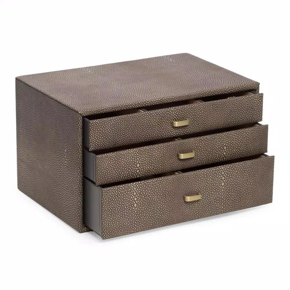 BEY-BERK 3-Level Stingray Debossed Leather Jewelry Storage Box with Brushed Brass Hardware