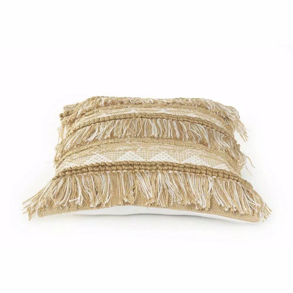 LR Home Beige and White Neutral Fringed Throw Pillow, 20 x 20 in., Geometric Embroidery