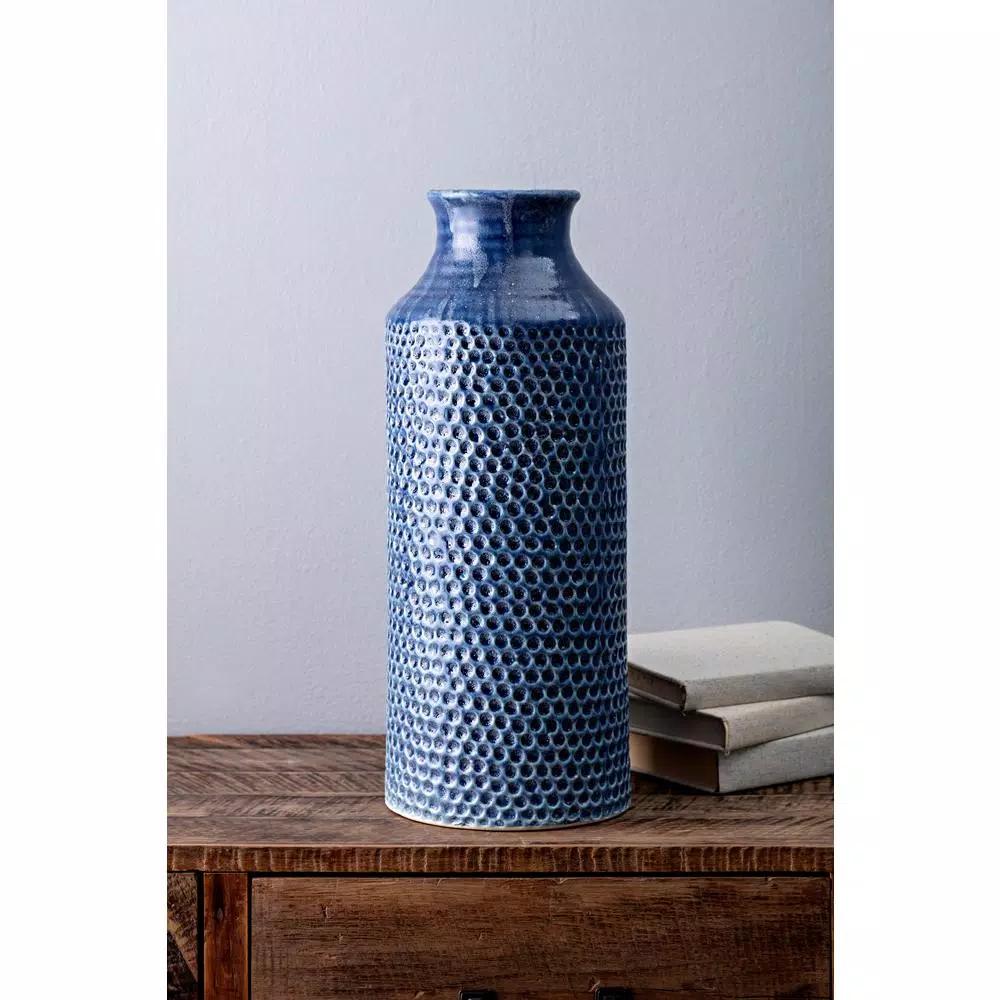 IMAX Skye Blue Large Ceramic Floor Vase - 18in Cylindrical Textured Vase