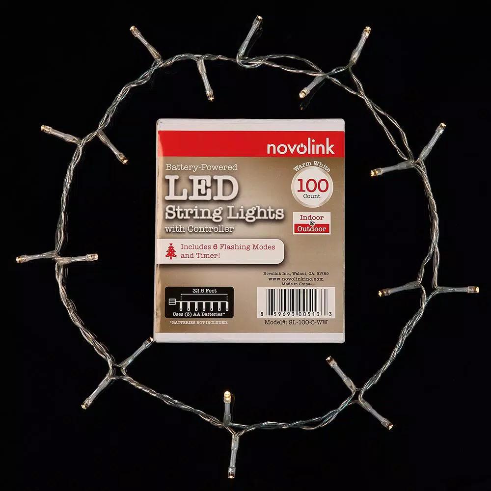 Novolink 34 ft. 100-Light LED Warm White Battery Operated Decorative String Lights with Timer
