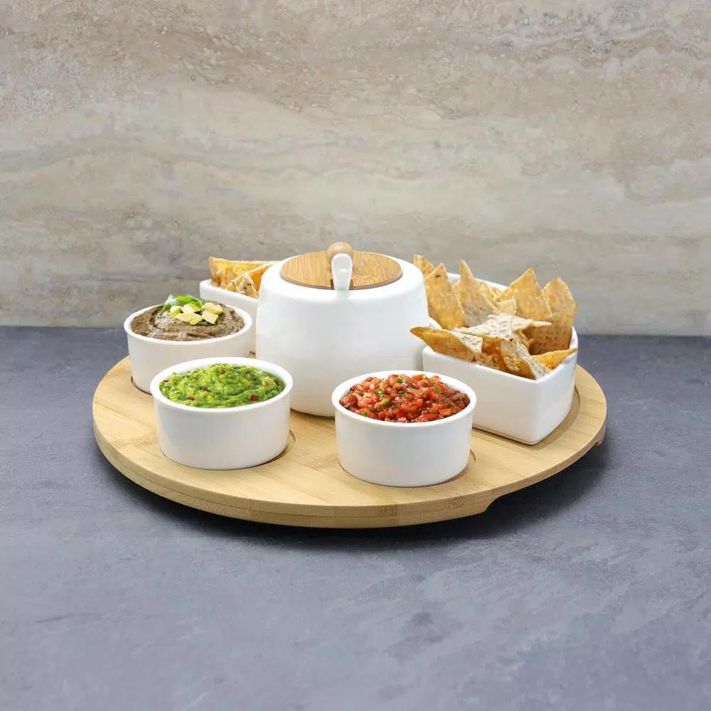 Elama Signature Collection 8-Piece Stoneware Appetizer Serving Set with Bamboo Lazy Susan Tray