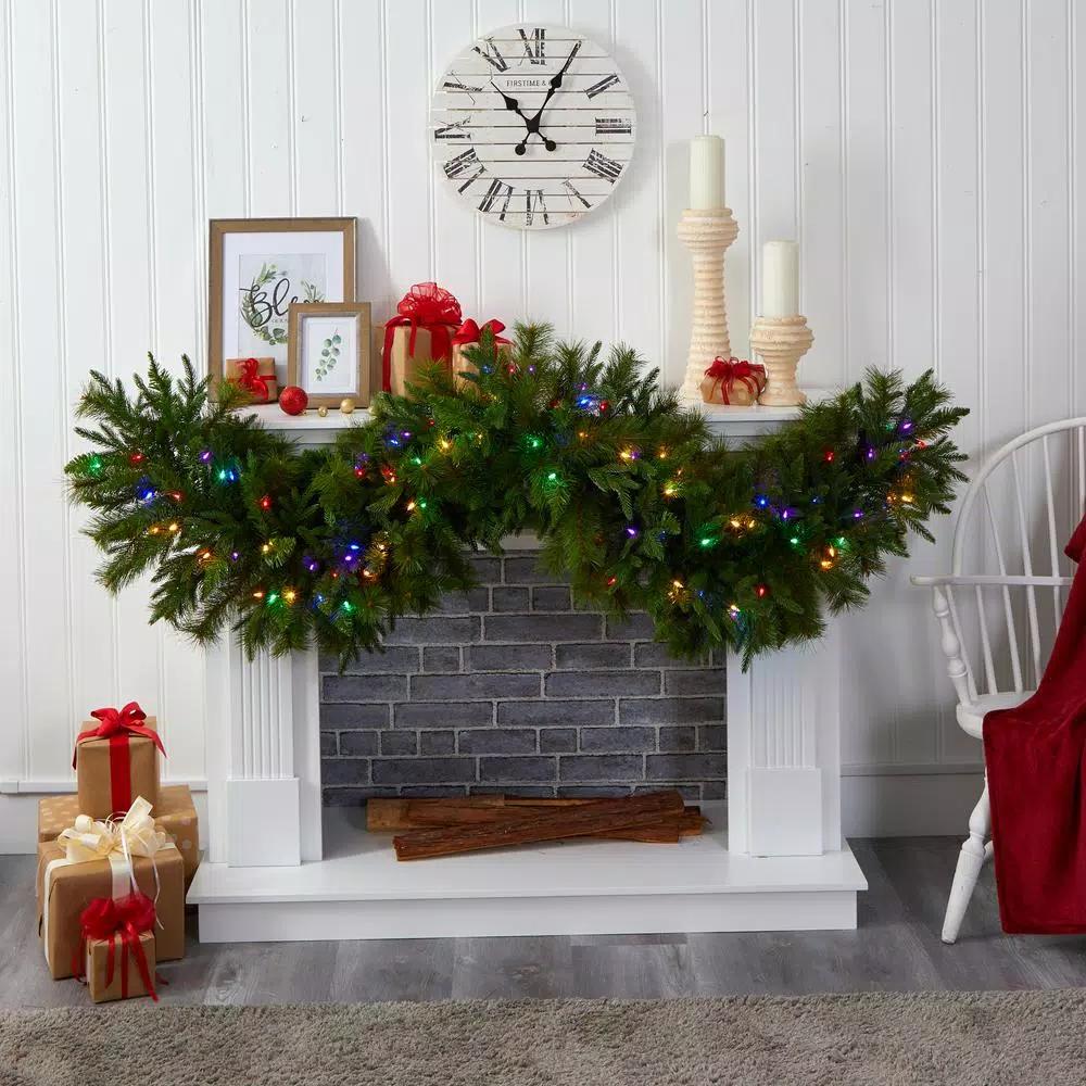 Nearly Natural 6 ft. Pre-Lit Christmas Pine Extra Wide Artificial Garland with 100 Multi-Colored LED Lights