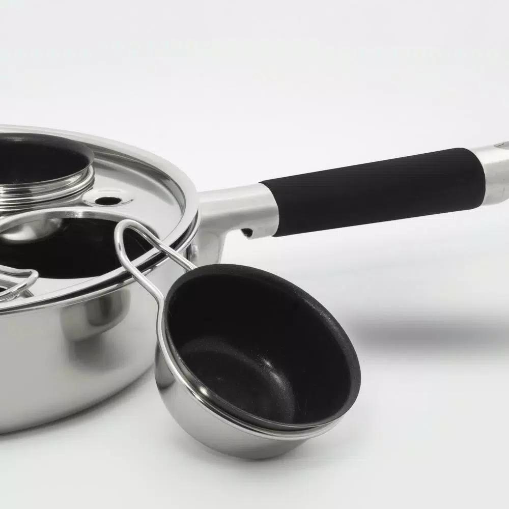 ExcelSteel 4-Cup 18/10 Stainless Steel Egg Poacher with Silicone Grip and Tempered Glass Lid