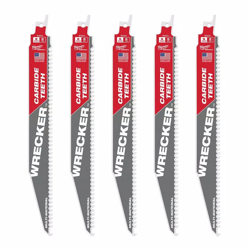 Milwaukee WRECKER 9 in. 6 TPI Carbide Teeth Multi-Material Reciprocating Saw Blade (5-Pack)