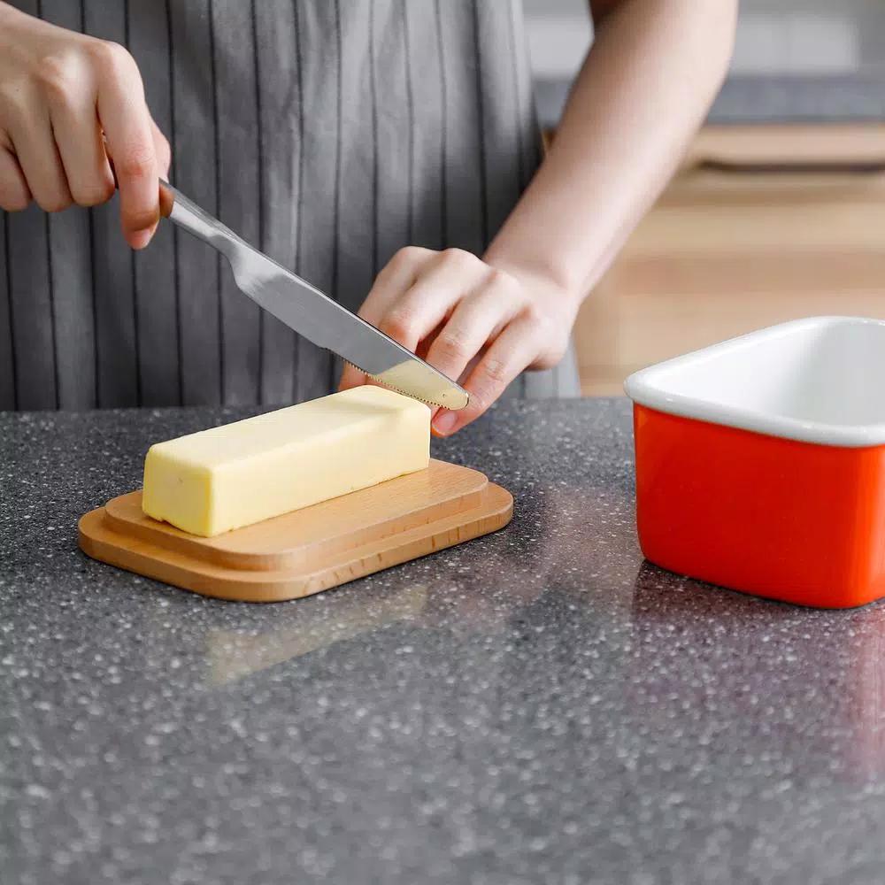 Sweese Large Porcelain Butter Dish with Beech Wood Lid, Orange