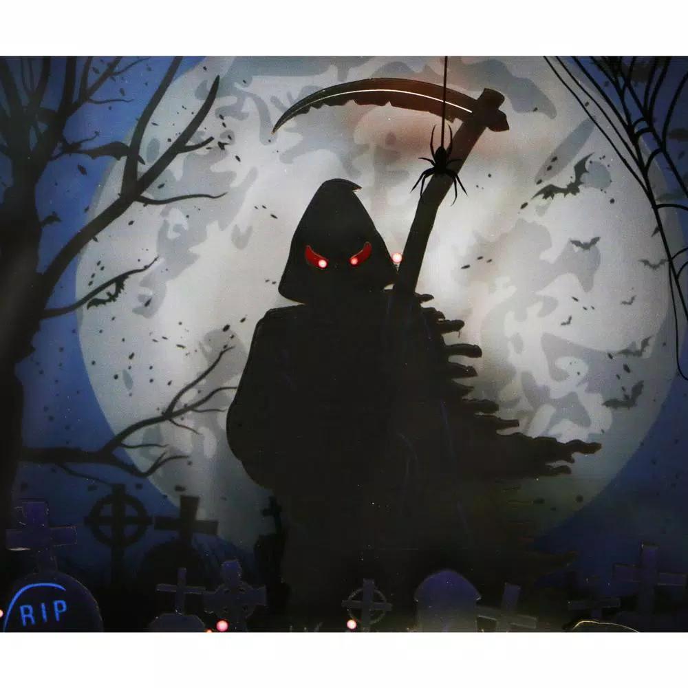 Haunted Hill Farm 18 in. Animated Grim Reaper Shadowbox with Spooky Music and LED Lights