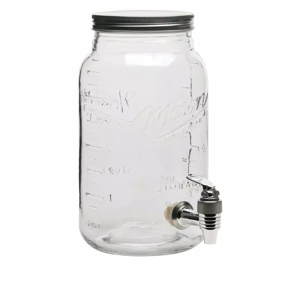 MASON CRAFT & MORE 5-Piece Clear Glass Drink Dispenser Set with 4L Dispenser and 4 Mugs with Metal Lids