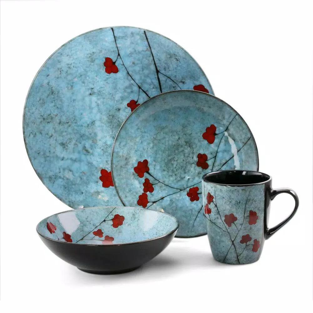 Elama Floral Accents 16-Piece Blue Stoneware Dinnerware Set, Service for 4
