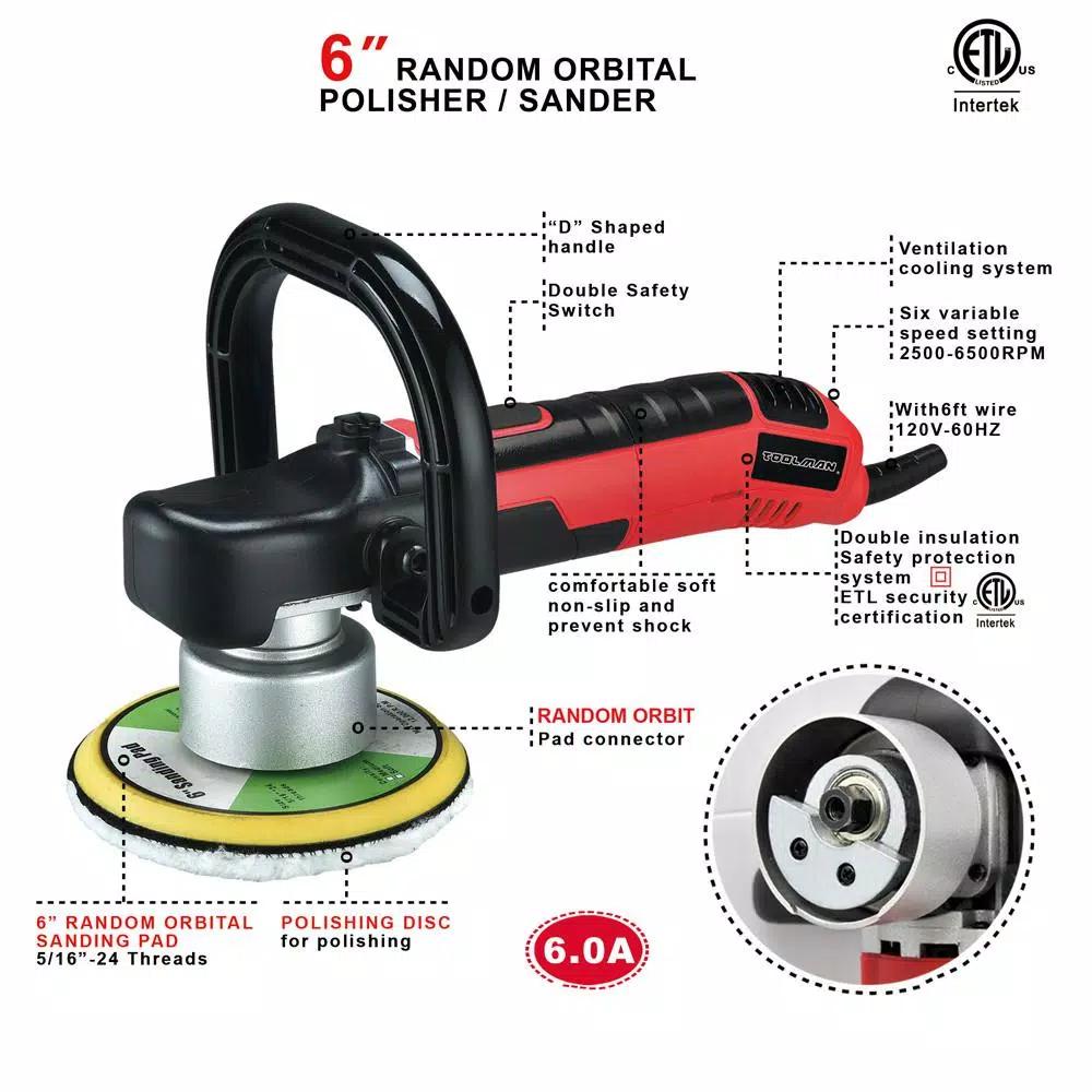 Boyel Living 6 in. Corded Orbital Sander and Polisher, 6 Amp, 6-Speed Variable RPM, 2500-6500 RPM