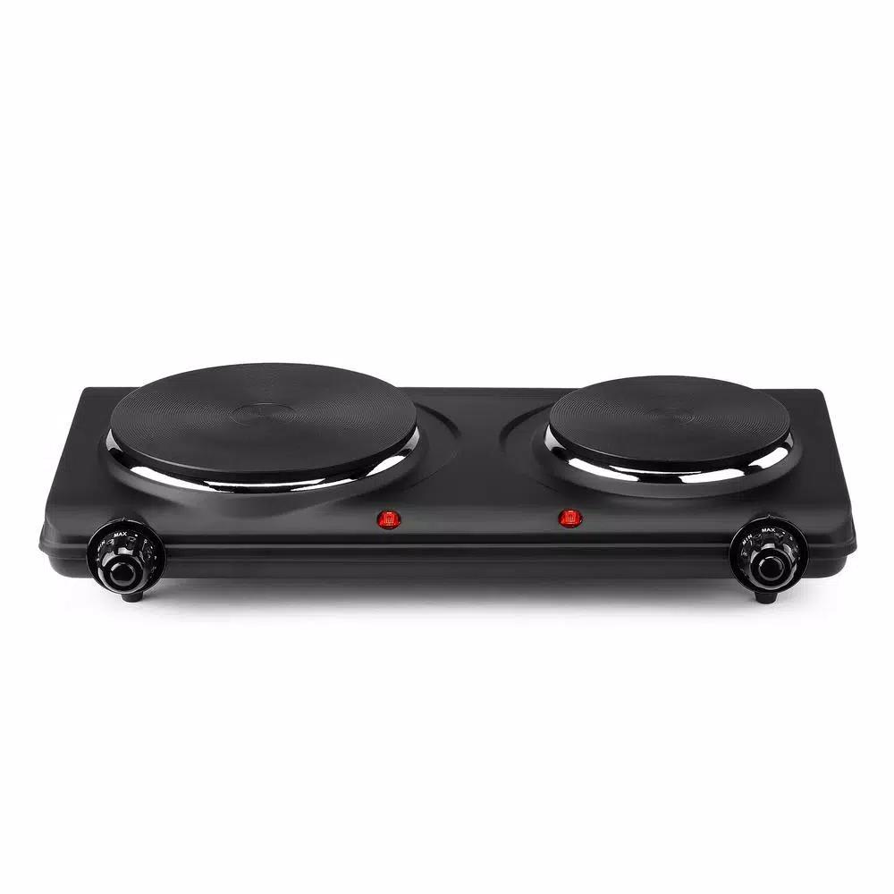 Continental Electric Portable 2-Burner Black Hot Plate with Cast Iron Plates and Adjustable Temperature Controls