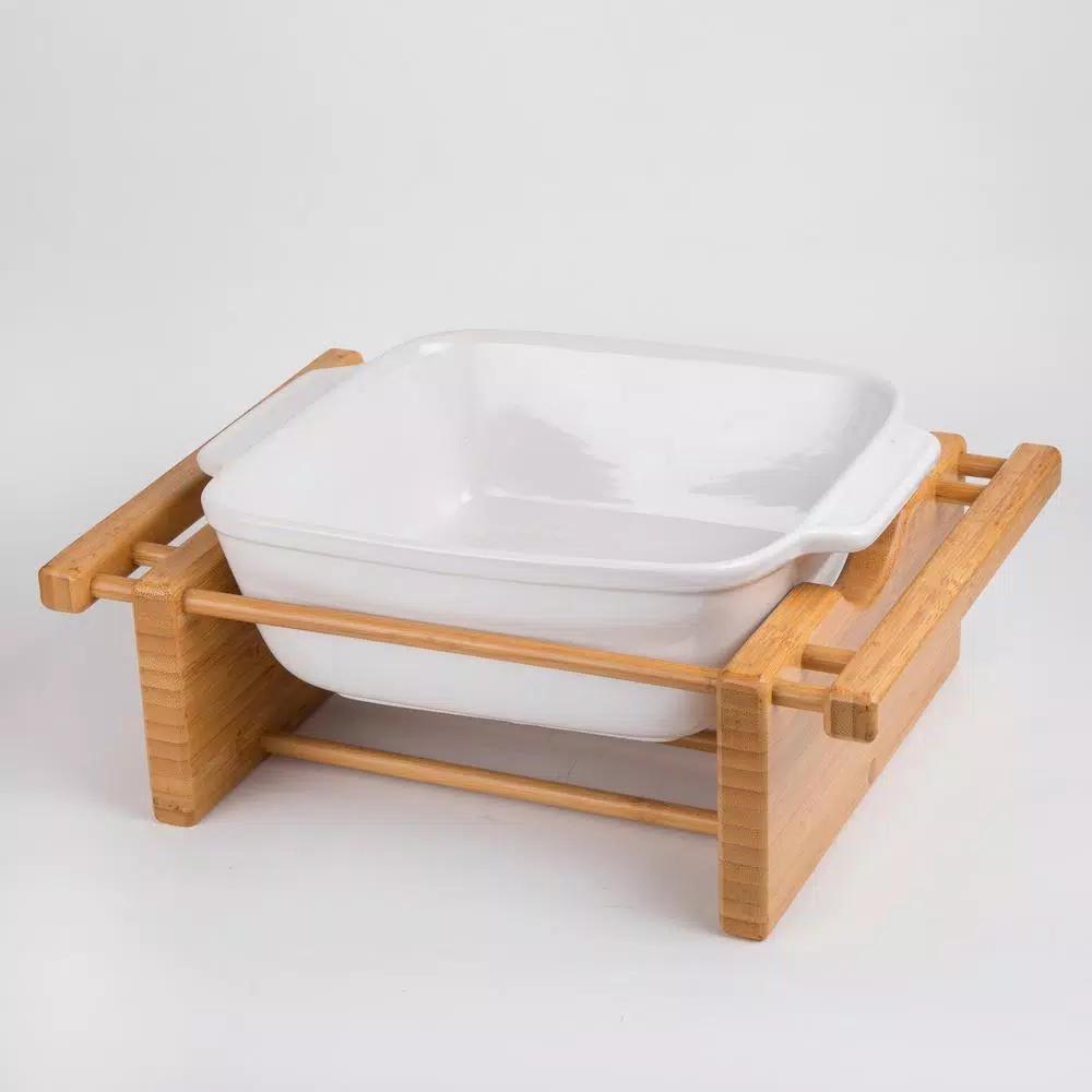 Creative Home Grand Buffet 9 in. Square Stoneware Casserole Dish with Bamboo Cradle