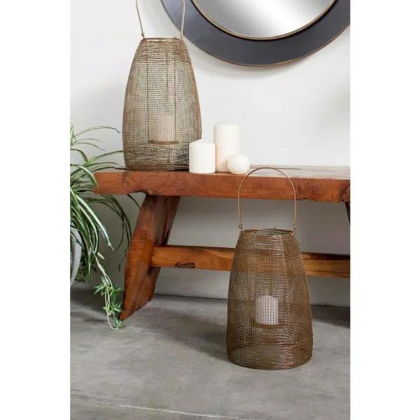 LITTON LANE Large Round Bronze Mesh Metal Lantern Candle Holder with Suspended Glass Hurricane