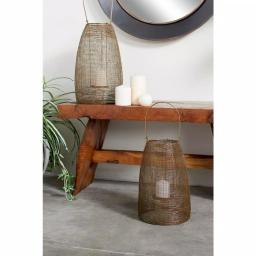 LITTON LANE Large Round Bronze Mesh Metal Lantern Candle Holder with Suspended Glass Hurricane thumbnail 1
