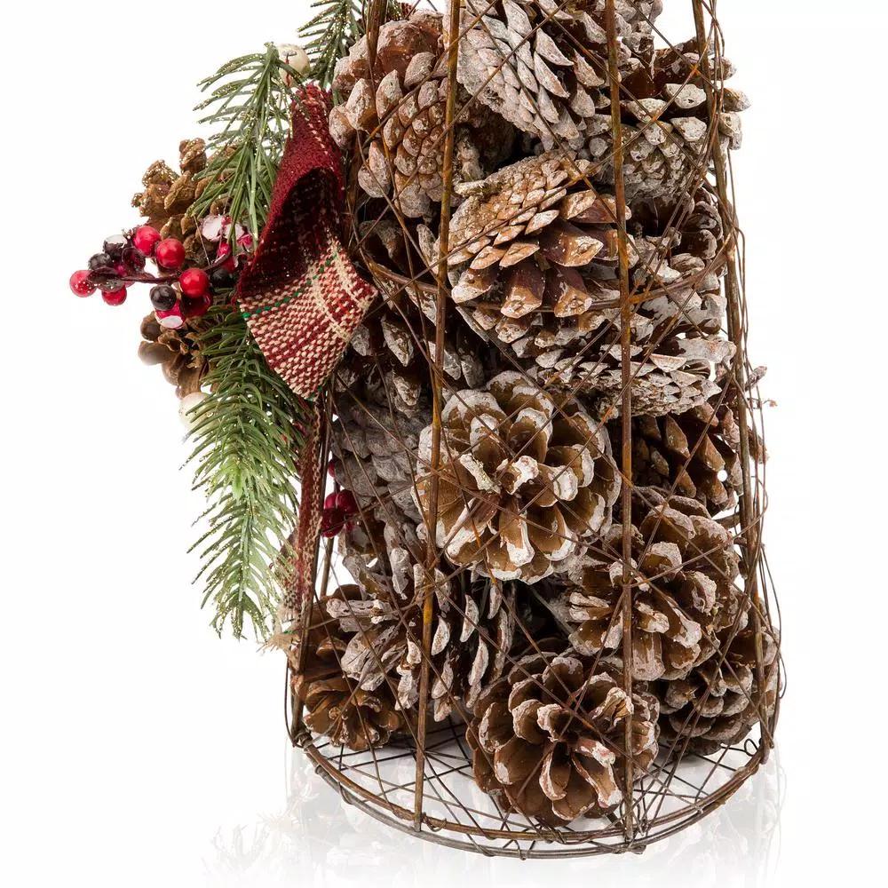 Alpine Corporation 20 in. Rustic Pinecone Christmas Tree Decor with Holly and Plaid Bow