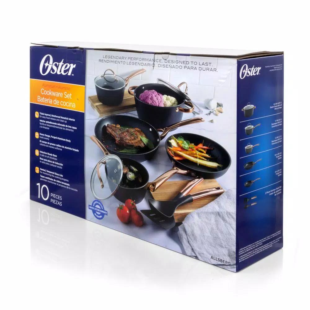 Oster Allsberg 10-Piece Aluminum Nonstick Cookware Set with Bronze Handles, Black and Bronze