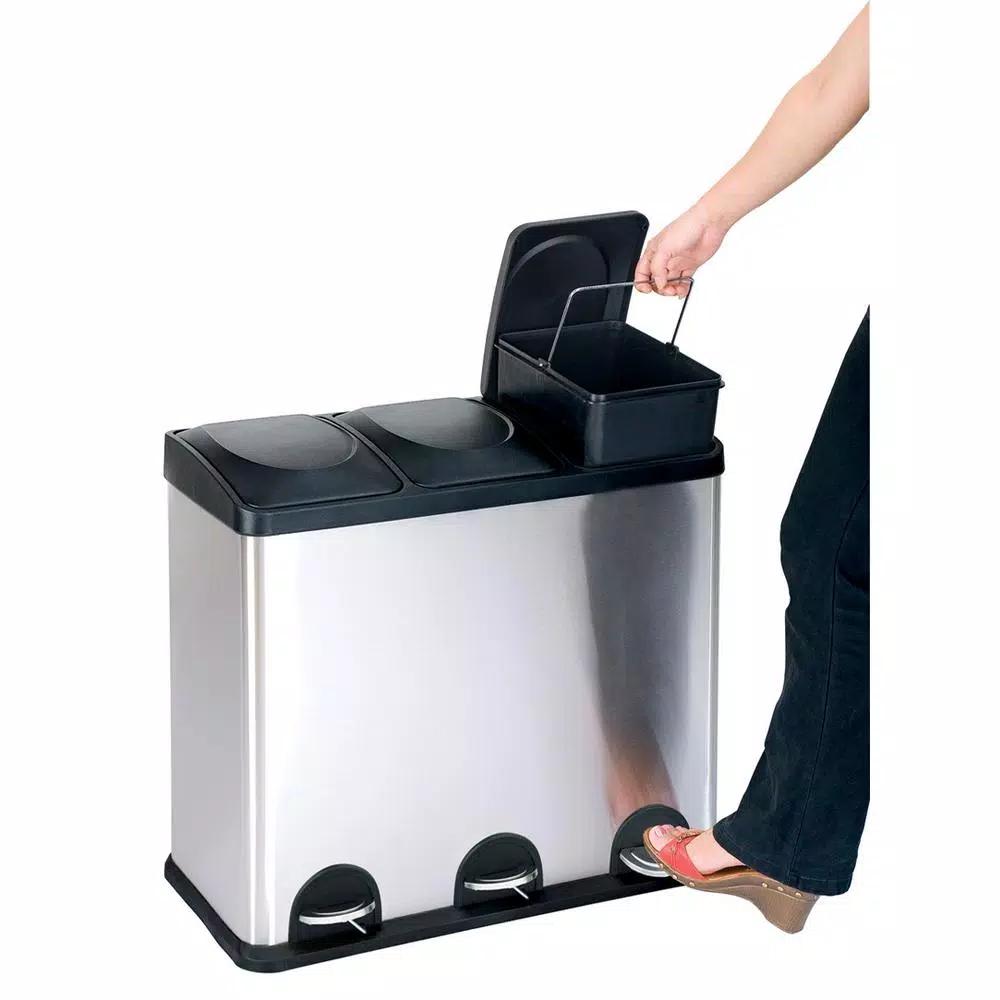 Step N' Sort 12 Gal. 3-Compartment Stainless Steel Trash Can and Recycling Bin with Step Pedals