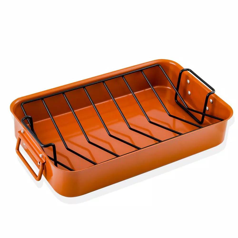 Ovente 5.5 Qt. Non-Stick Roasting Pan with Carving Set and V-Shaped Rack, Copper