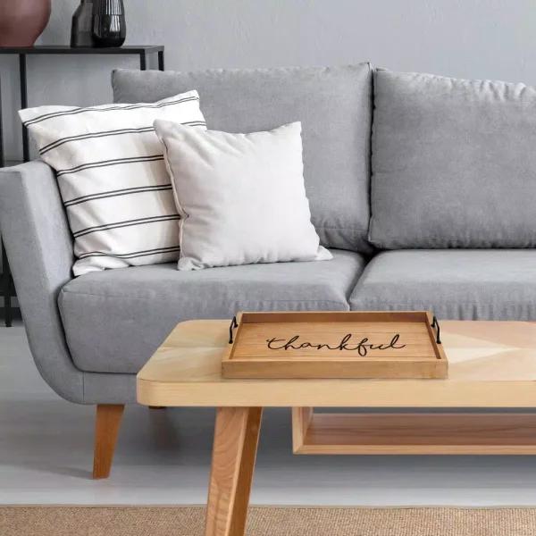 Elegant Designs Natural Wood Decorative Serving Tray with Black Metal Handles - Thankful Farmhouse Style