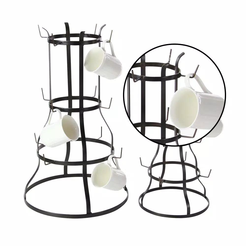 LITTON LANE Set of 2 Industrial Iron Mug Racks - Bell-Shaped Metal Stand with Hooks