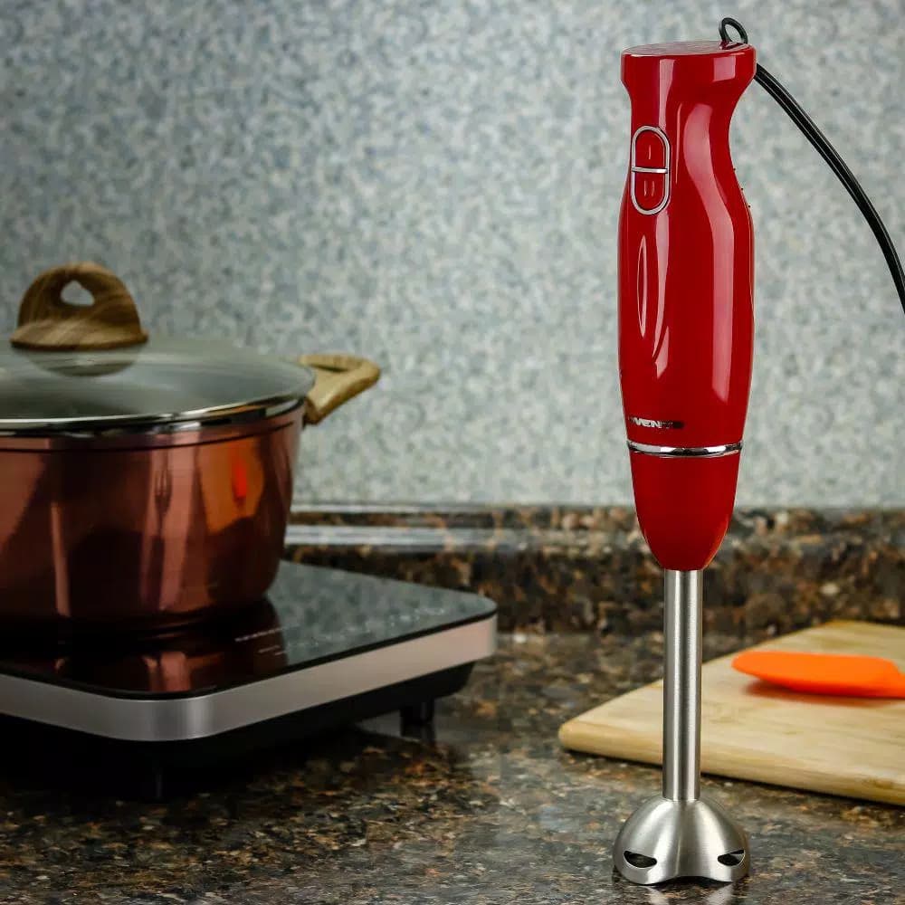 Ovente 300W Immersion Blender, 2-Speed Handheld Stick Mixer with Stainless Steel Blades, Red (HS560R)
