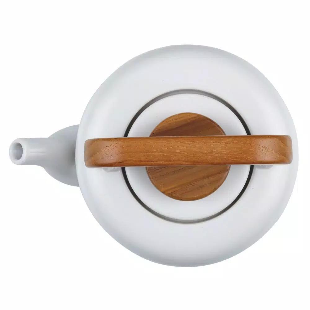 BonJour Wayfarer 4-Cup Matte White Ceramic Teapot with Stainless Steel Infuser and Teak Wood Accents