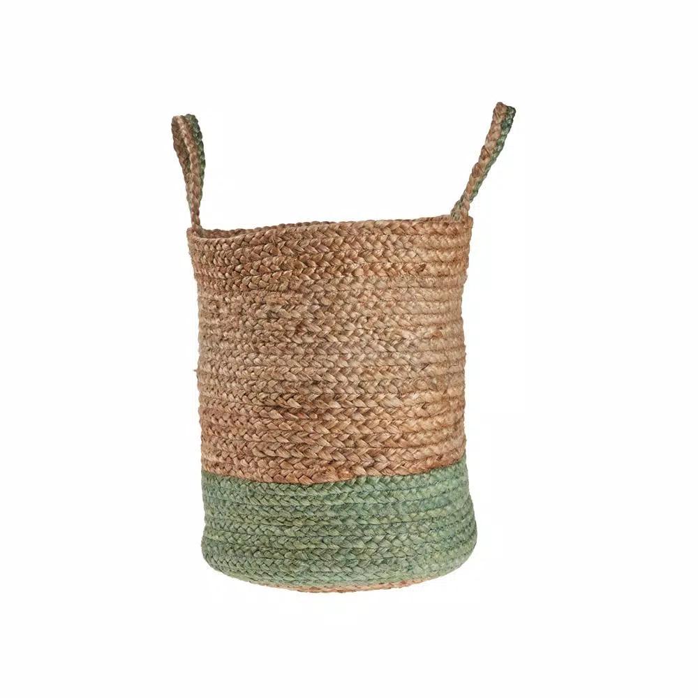 LR Home Wise Braided Natural Jute Decorative Basket with Handles, Green/Beige