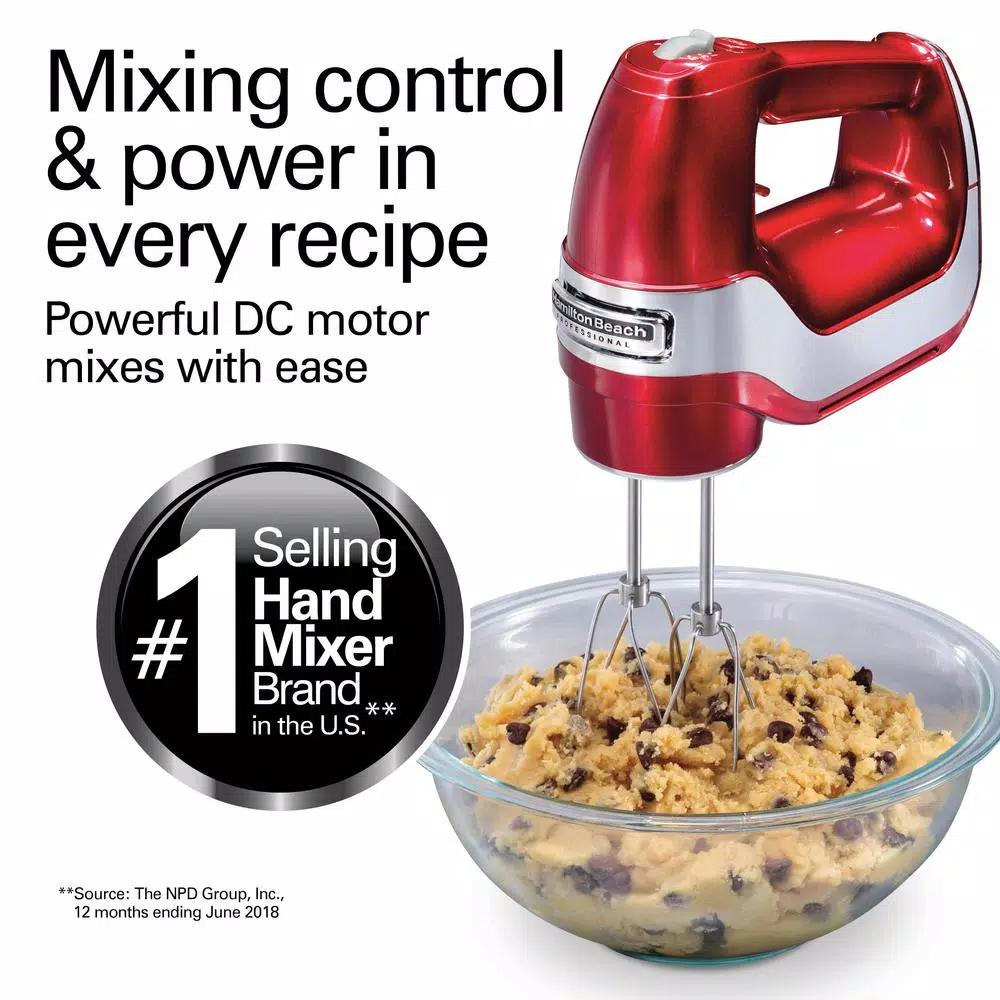 Hamilton Beach Professional 5-Speed Hand Mixer, Red and Chrome with Attachments and Storage Case