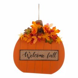 Glitzhome 20.28 in. Wooden Fall Pumpkin Decor with Floral Accents - Standing or Hanging thumbnail 1