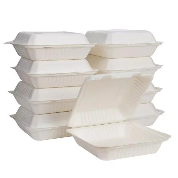 Unbranded 8 in. White Sugarcane Clamshell Containers, Compostable & Eco-Friendly (300 Pack)