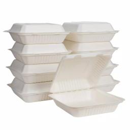Unbranded 8 in. White Sugarcane Clamshell Containers, Compostable & Eco-Friendly (300 Pack) thumbnail 1