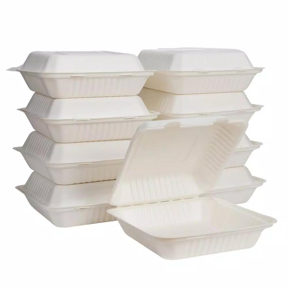 Unbranded 8 in. White Sugarcane Clamshell Containers, Compostable & Eco-Friendly (300 Pack)