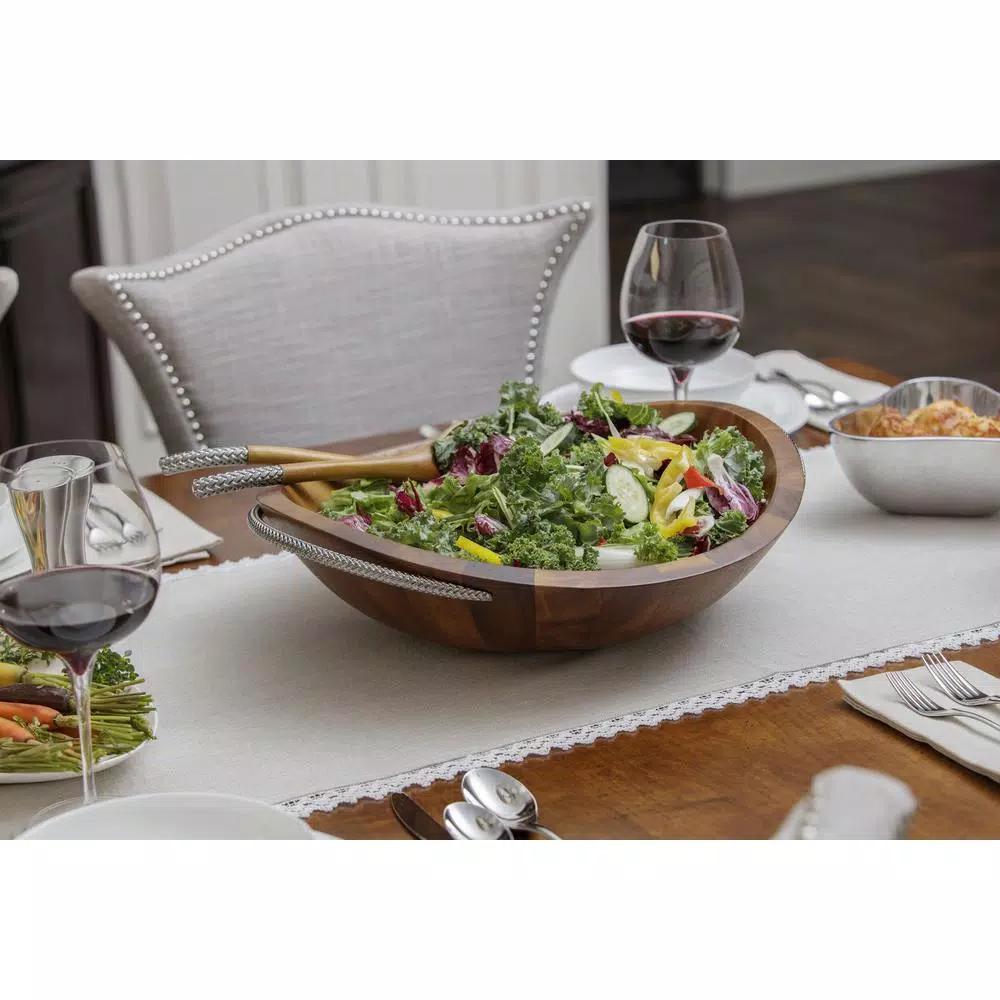 Nambe 20 in. Braid Acacia Wood Salad Bowl with Chrome Accented Servers, 32 oz.