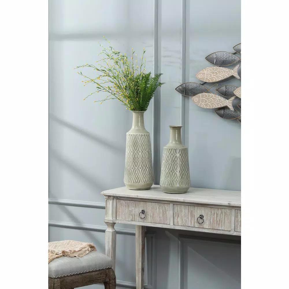 Winsome House 2-Piece Green-Gray Metal Damask Urn Vase Set
