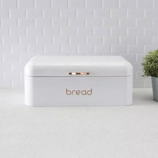 Home Basics White Grove Modern Bread Box with Rose Gold Handle - Stainless Steel Kitchen Storage