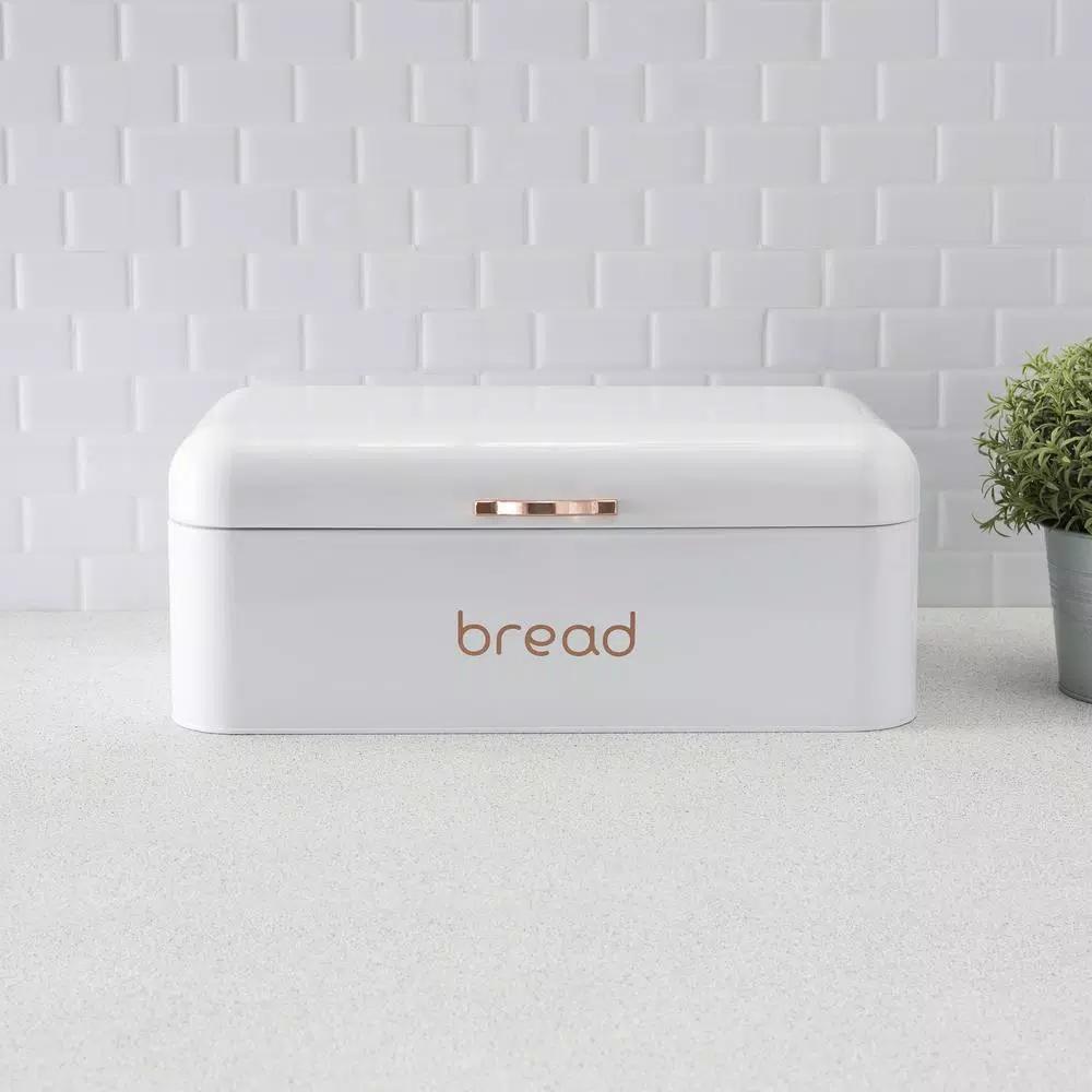 Home Basics White Grove Modern Bread Box with Rose Gold Handle - Stainless Steel Kitchen Storage
